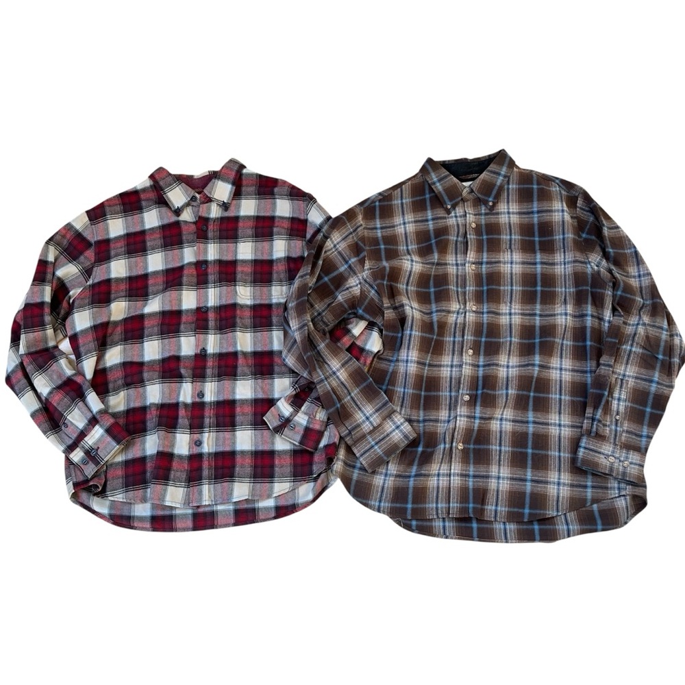 Lot of 2 Weatherproof Plaid Flannel Button Down Men's Shirts - Red and Brown XL